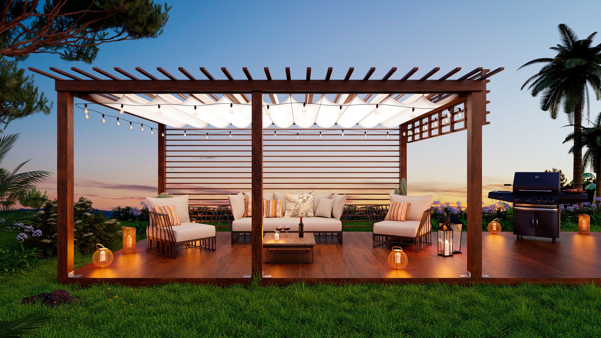 3D illustration of teak wooden deck with gas grill at dusk